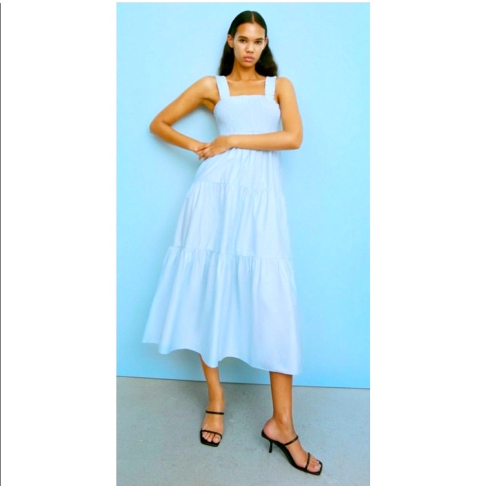 Zara Smocked Tiered Poplin Cotton Midi Maxi Dress in Blue Blogger Favorite S